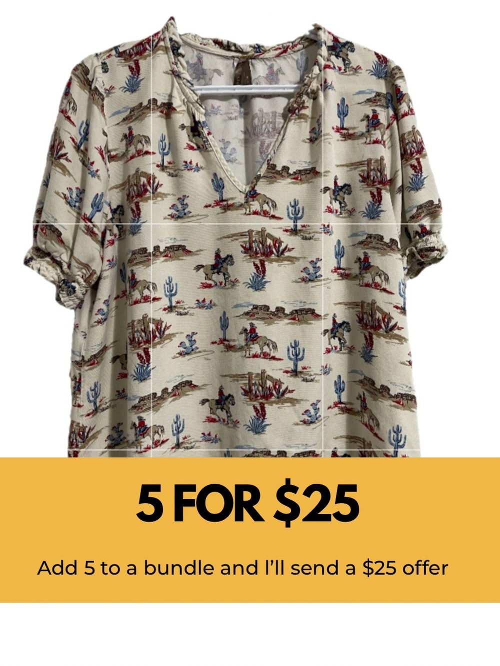 Stetson Cream Western Scene V-Neck Short Sleeve Top